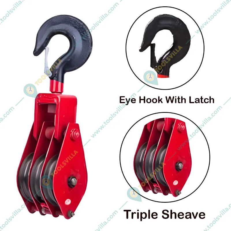 Heavy Duty 4 Inch Triple Sheave Manila Rope Pulley With Safety Latch, 3 mm Plate Thickness