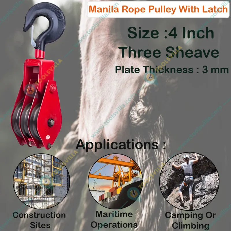 Heavy Duty 4 Inch Triple Sheave Manila Rope Pulley With Safety Latch, 3 mm Plate Thickness