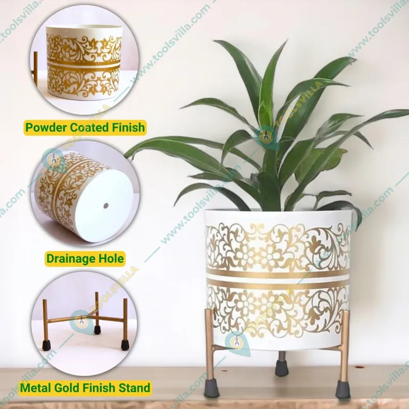 Ecofynd 5 inches Evan White Metal Planter Pot with Gold Stand (PWS025-WHTGO)