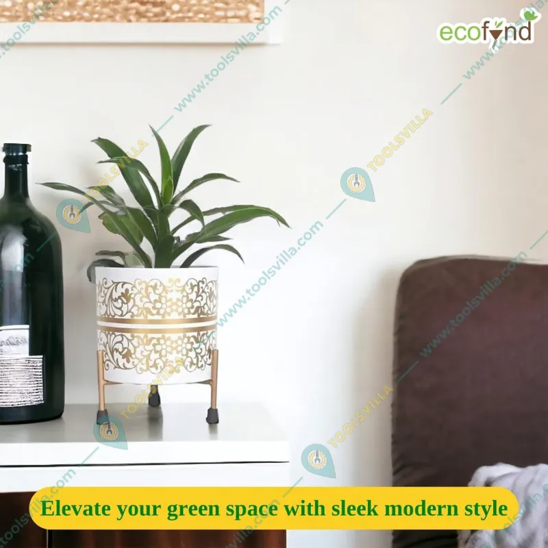 Ecofynd 5 inches Evan White Metal Planter Pot with Gold Stand (PWS025-WHTGO)