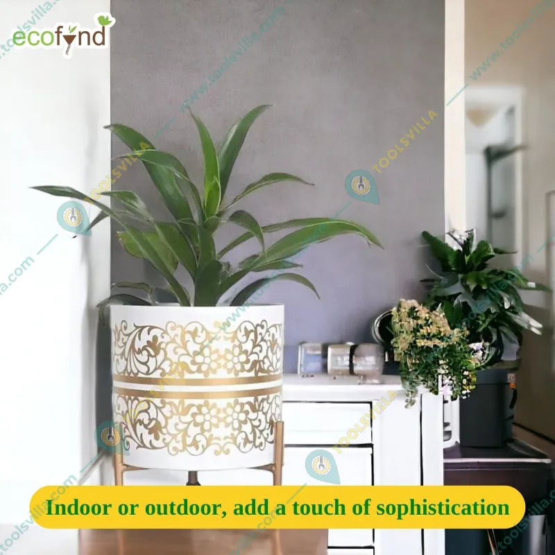 Ecofynd 5 inches Evan White Metal Planter Pot with Gold Stand (PWS025-WHTGO)
