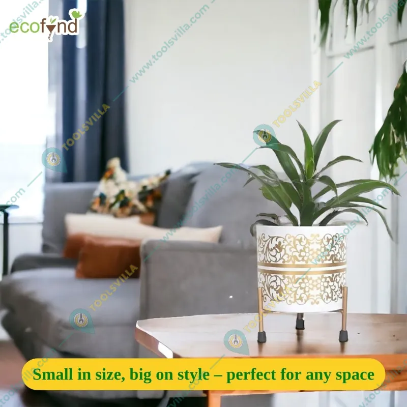 Ecofynd 5 inches Evan White Metal Planter Pot with Gold Stand (PWS025-WHTGO)