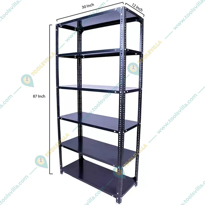 Menage 87x30x12 Inch 6 Shelves Metal Black Slotted Angle Rack
