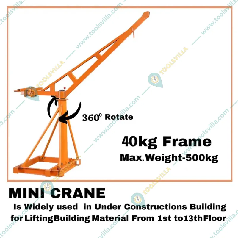 Heavy Duty 500 kg Capacity 360° Mini Crane with Electric Clutch Winch, 3 HP Motor-50 Meter 8 mm Wire Rope 