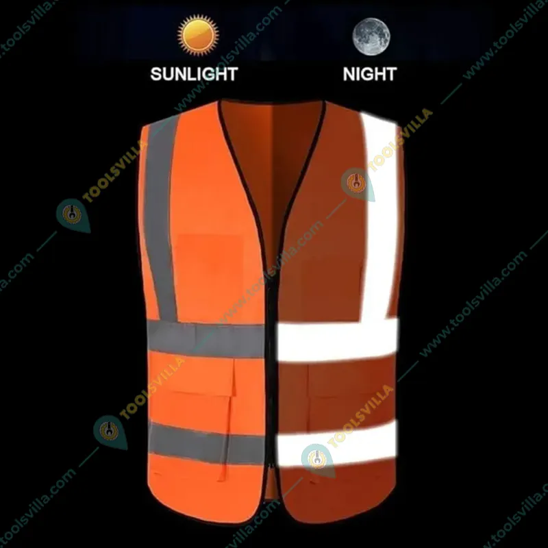 Minsales Orange Safety Jacket - 2 Pockets, 360° Visibility Multipurpose With 2 Inch Reflective Stripes At Front & Back