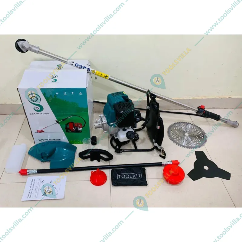 GRAMSTRONG 4 Stroke Grass Cutter With 5  Attachments of Chainsaw, Cross Tiller, 3T Blade, TCT Blade, Nylon Trimmer