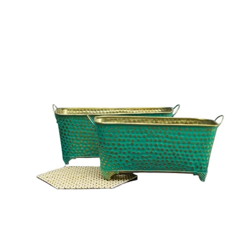 Set of 2 Metal Planter Pots of 8 Inches and 9 Inches | Oval Pots with Dotted Designs for Home Decor