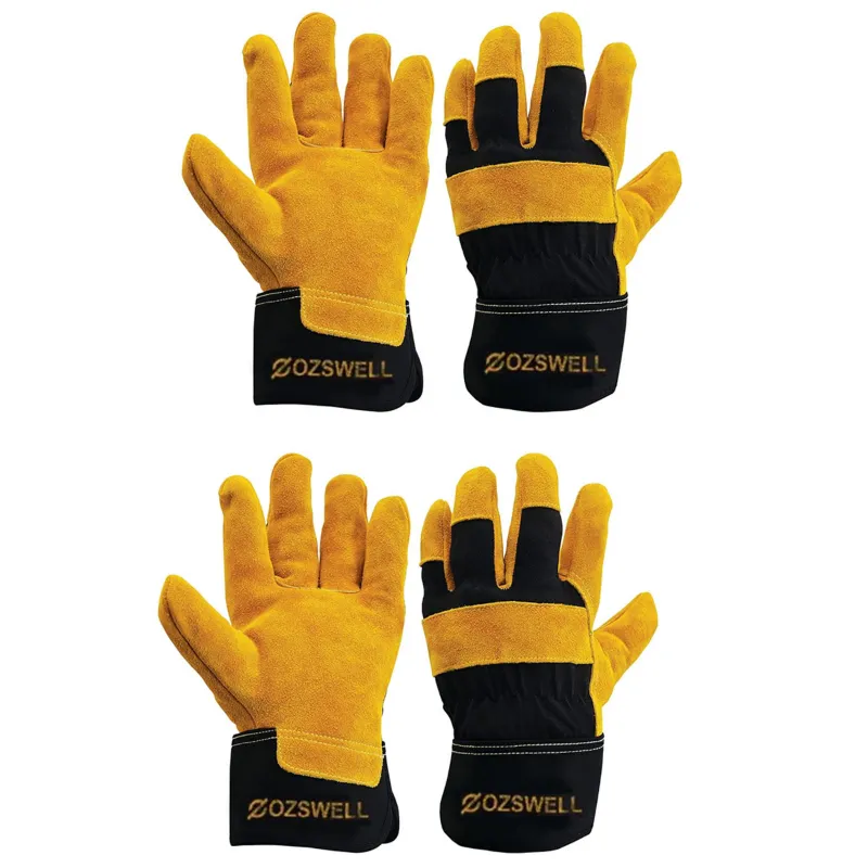 Ozswell 10 Inch Rigger Canadian Heat Cut Wear Tear Resistant Split Leather Safety Gloves (L Size )(Pack of - 2 )
