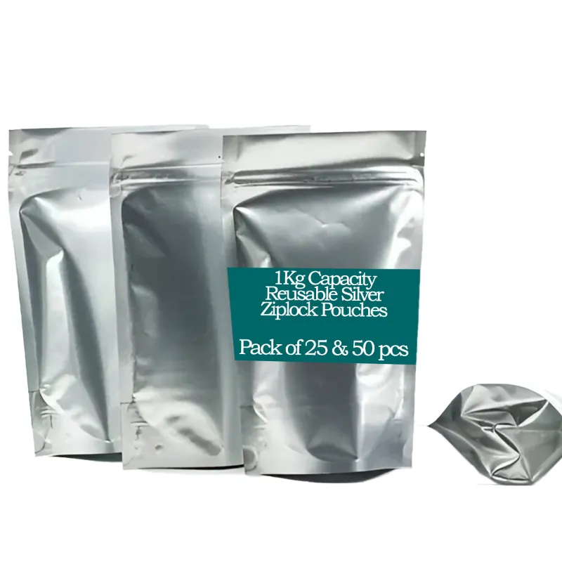1Kg Capacity Reusable Silver Ziplock Pouches for Cashew Nuts, Coffee Beans, Masala Packaging(Pack-25 pcs)