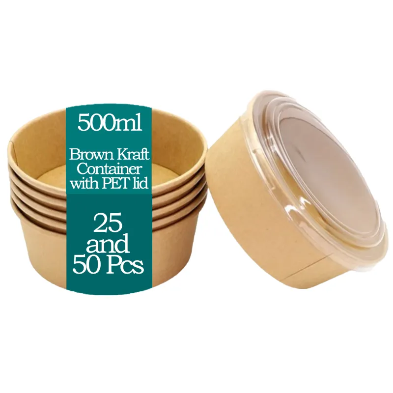 500ml, Brown Kraft Paper Tubs with Transparent PET Lid