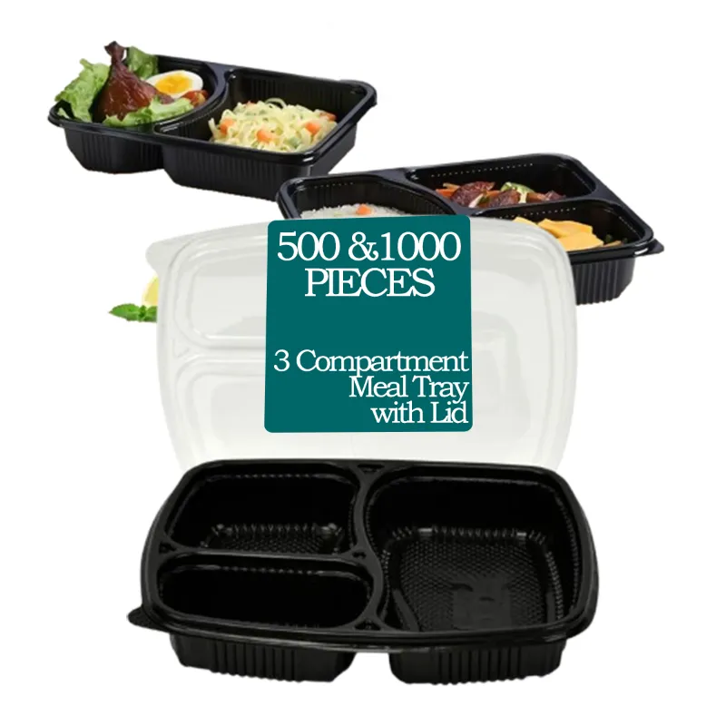 3 Compartment 250 Micron PP Meal Tray With Black Bottom and Clear Lid