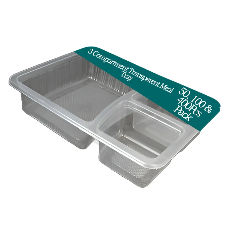 3 Compartment 250 Micron Transparent Meal Tray Without Lid