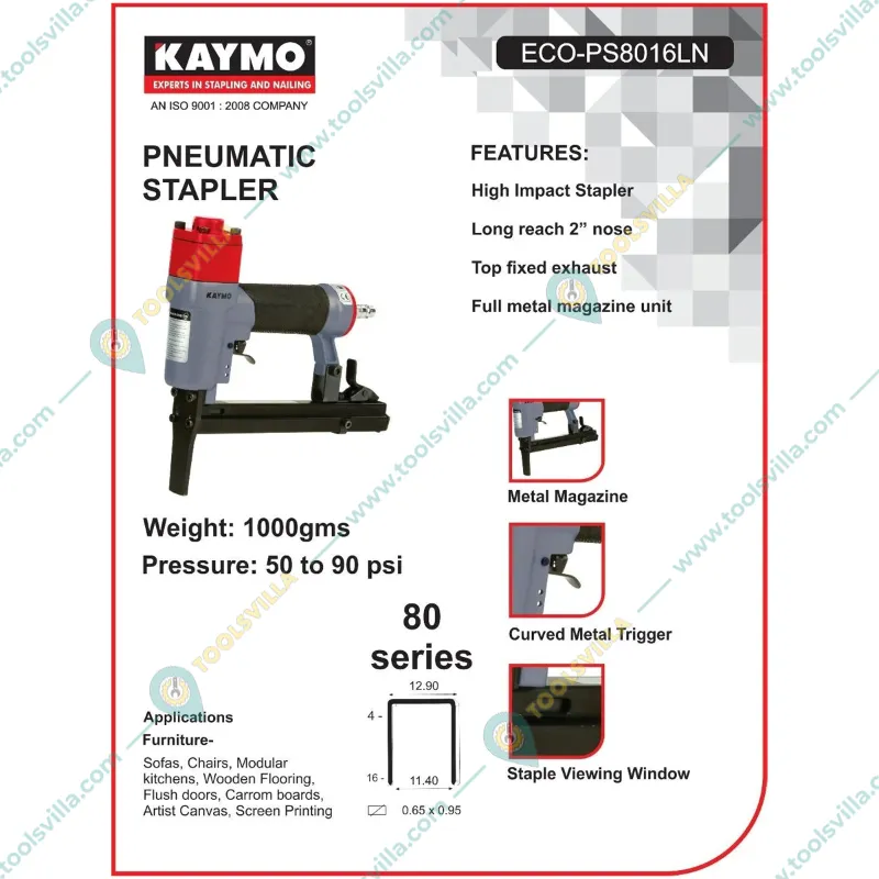 KAYMO 3-16 mm. 50 to 90 psi Pressure Pneumatic Stapler (ECO-PS8016LN)