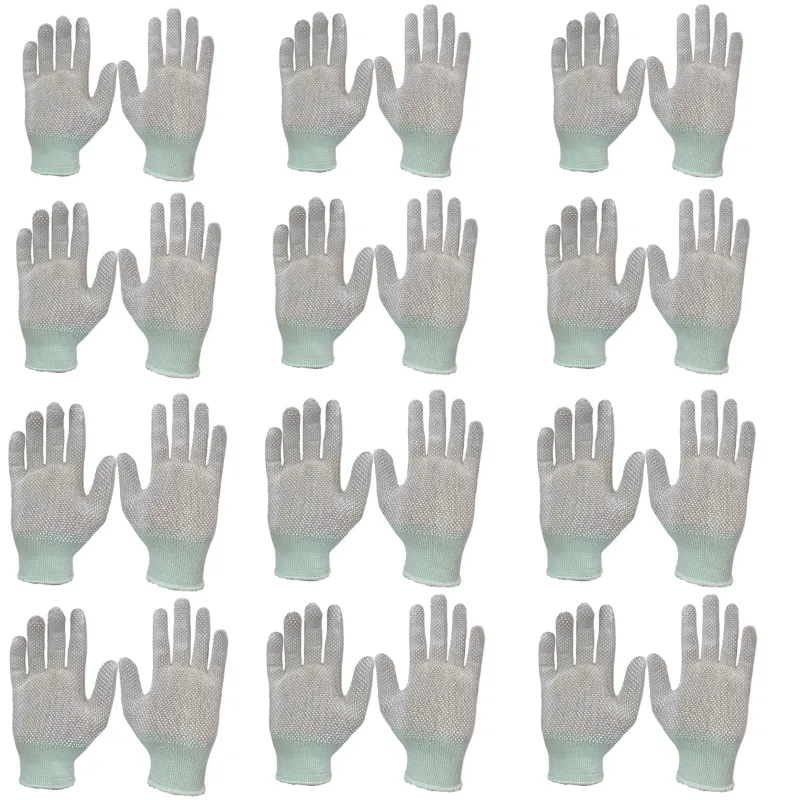 Delight 12 Pair White Colour 13 Gauge Large Size Polyester PVC Dotted Gloves (MPKD13-62)
