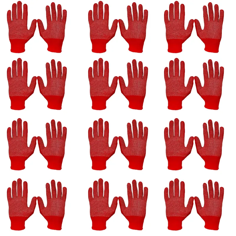Delight 12 Pair Red Colour 13 Gauge Large Size Polyester PVC Dotted Gloves (MPKD13-62)(R)