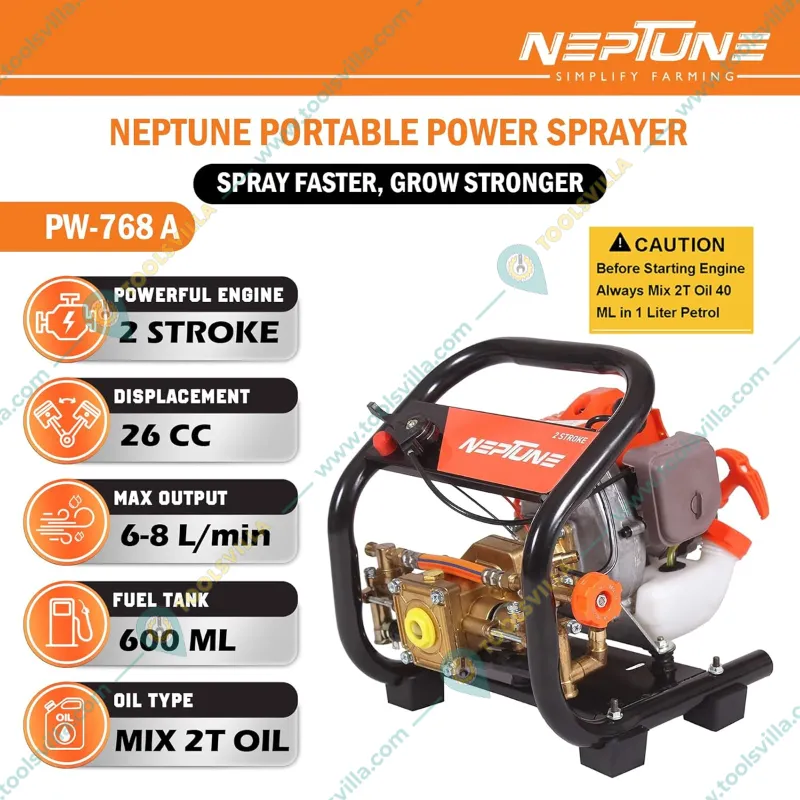 Neptune PW-768A , 2 Stroke 26 CC Portable Power Sprayer with 15 meter Hose Pipe for Agriculture and Gardening Purpose