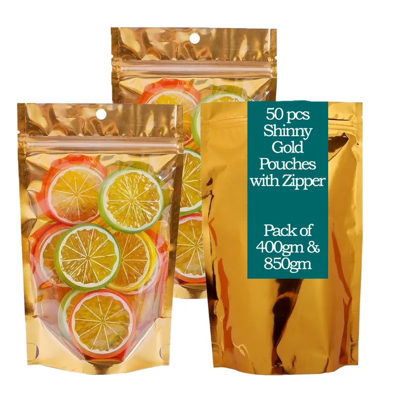 POCHEON® 50 Pcs Shinny Gold Large Pouches with Zipper for Cereals, Pulses, Dry fruits, Coffee-beans(Capacity-400 gm)