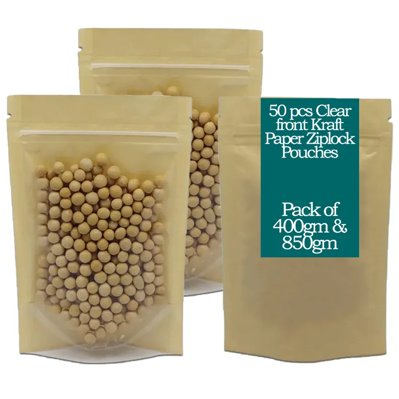 POCHEON® 50 pcs Clear front Brown Kraft Paper Pouches with Zipper(Capacity-400 gm)