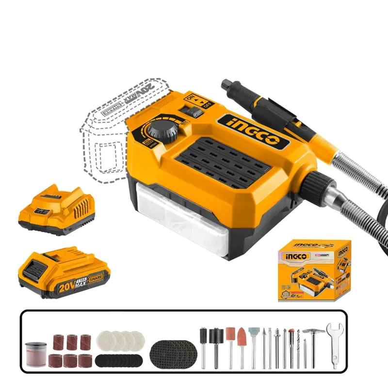 Ingco 20V 3.2 mm Lithium-Ion Cordless Die Grinder with 40 Pcs Household Accessories, 5000-33000 RPM (CMGLI20011)