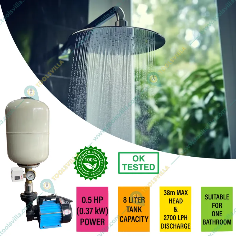 ACCORD(PBP 60) 0.5HP 1Ph Copper Winding Pressure Booster Pump With 8L Tank, Suitable For 1 Bathroom - 1 Year Warranty