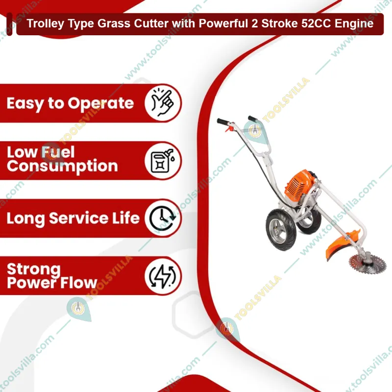 Heavy Duty Trolley Type Grass Cutter with Powerful 2 Stroke 52CC Engine For Grass & Weed Cutting