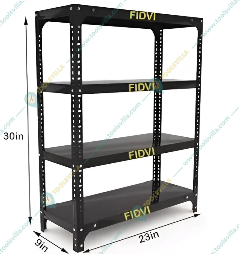 FIDVI® 9D X 23L X 30H Inch 4 Shelves Powder Coated Slotted Angle Metal Rack With Accessories ( SR-002)