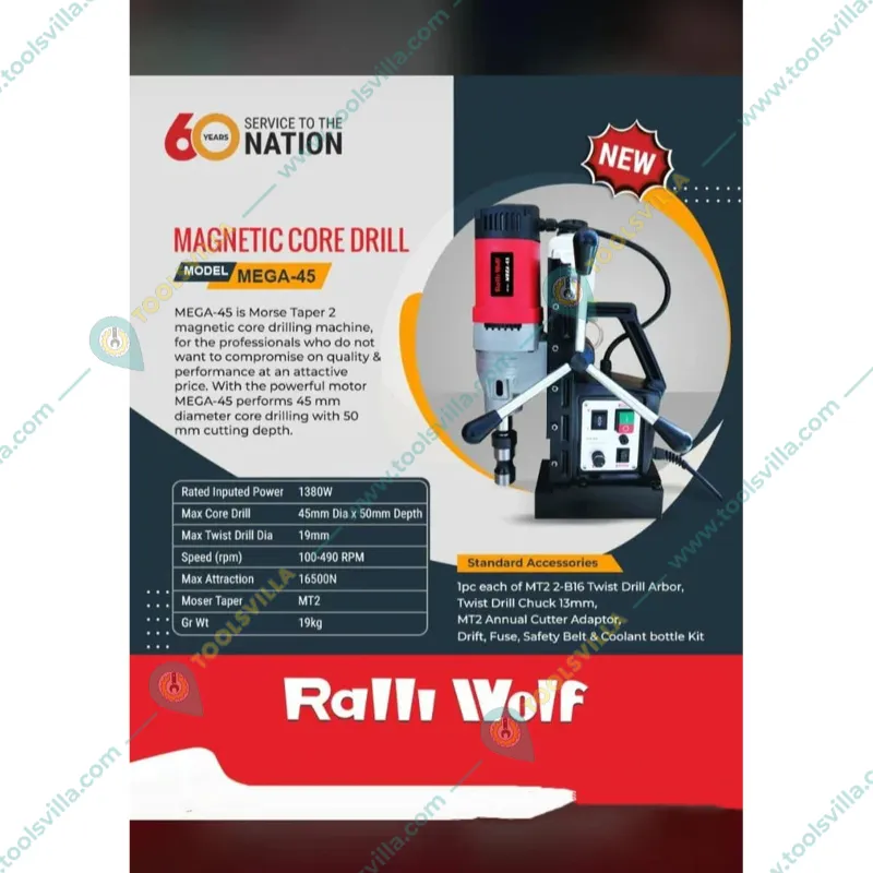 Ralli Wolf 45 mm 1380 Watt Magnetic Core Drill with Accessories (MEGA 45)