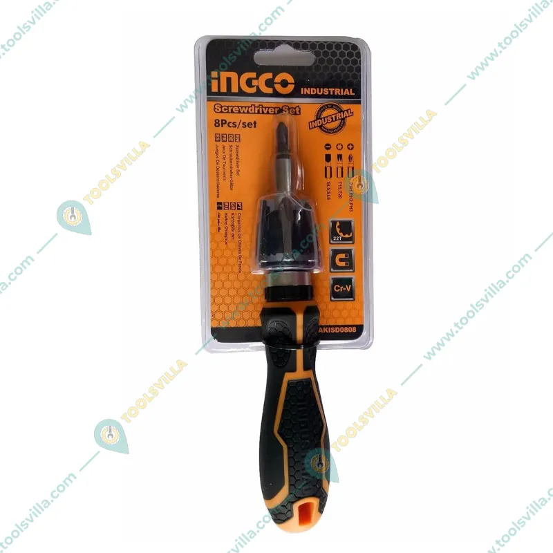 INGCO 8pcs Ratchet Screwdriver Set 1pcs Handle & 7pcs Screwdriver Bits (AKISD0808)