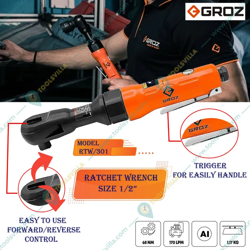 Groz 1/2" Ratchet Wrench, 68 NM Max. Torque & 150 RPM Free Speed (RTW/301)