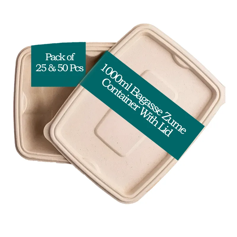 1000ml Bagasse Rectangular Zume Container With Lid, 100% Anti-Leak Technology for Food Delivery, Take Away Meals(Pack-25 pcs)