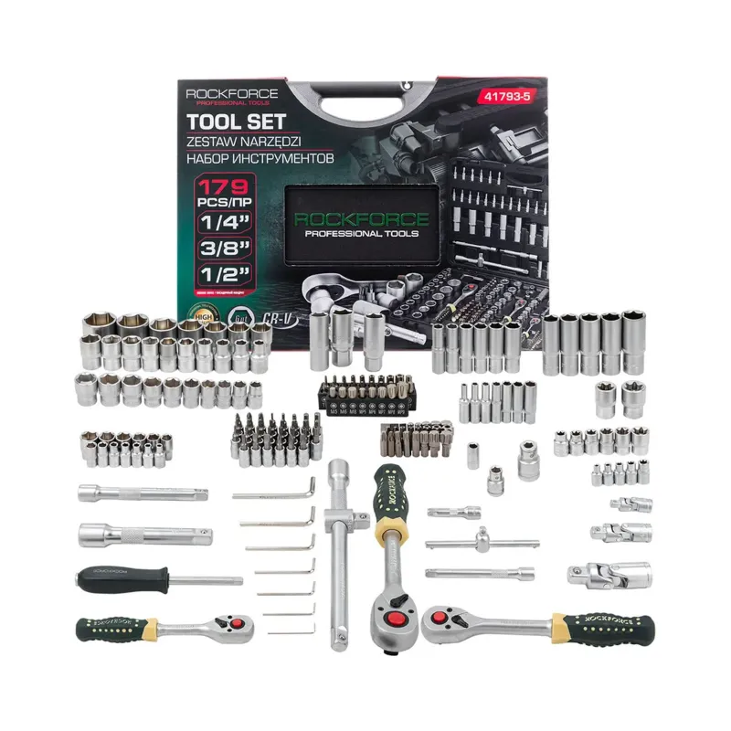 ROCKFORCE 179 Piece Socket & Bit Set with 1/4", 3/8", 1/2" Drives – Cr-V Steel Tool Kit (RF-41793-5)