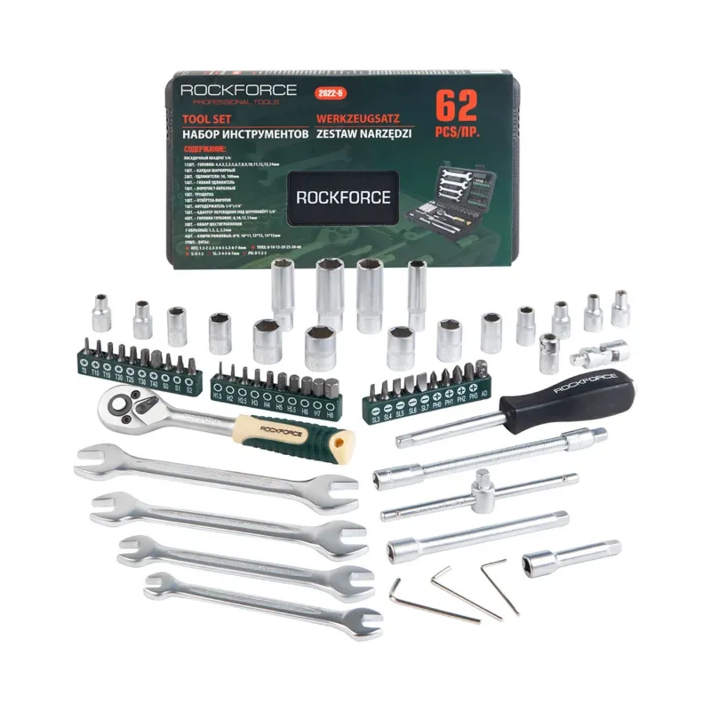ROCKFORCE 62-Piece Cr-V Socket & Bit Tool Set 1/4" Drive (RF-2622-5)