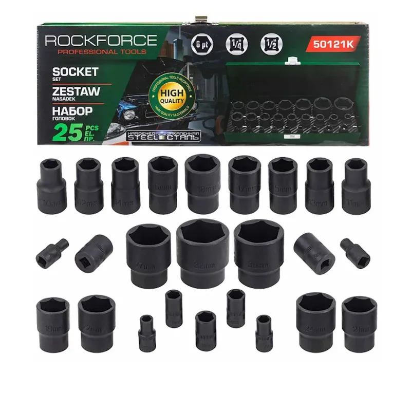 ROCKFORCE 25 Pieces 1/4", 1/2" Impact Socket Set, 6 Gr (RF-50121K)