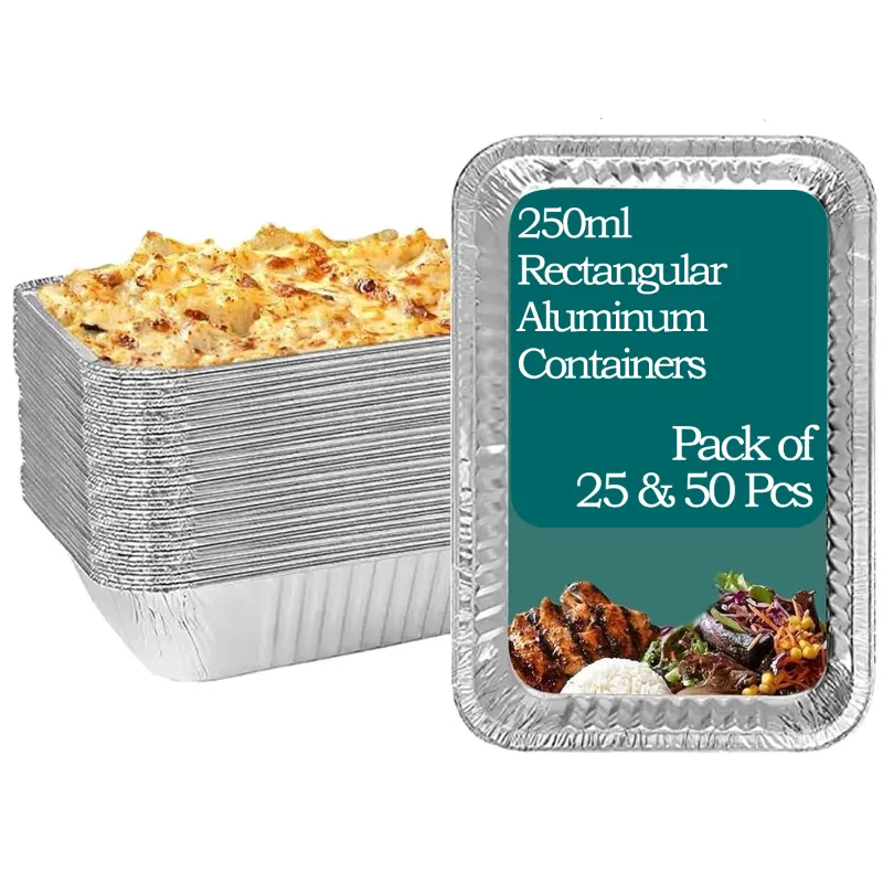 250ml Aluminum Rectangular Disposable Container with White Paper Lid for Safe and Secured Food Packaging(Pack-25 pcs)