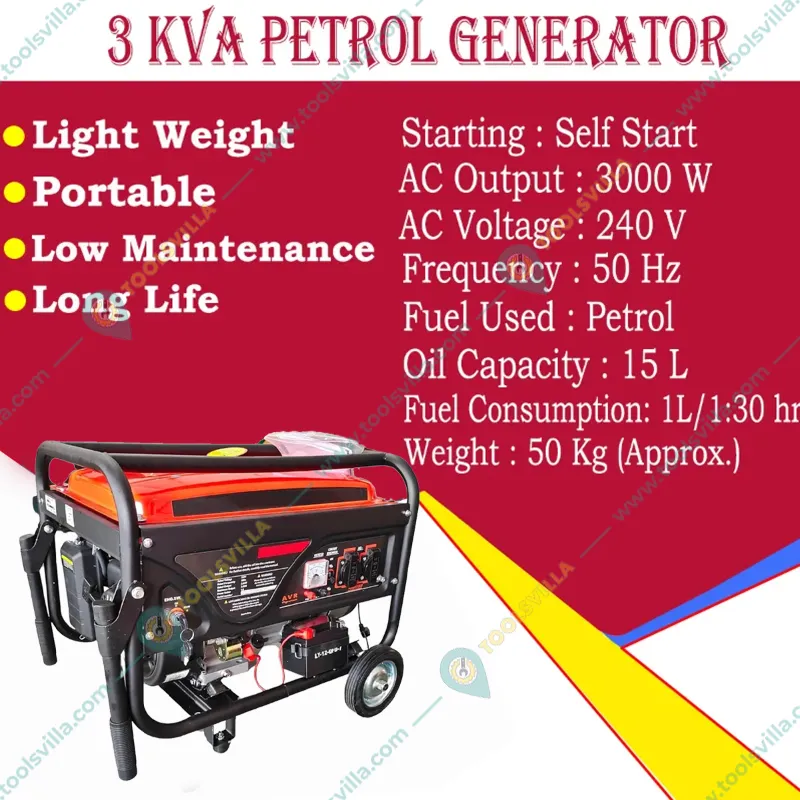 Portable Petrol Generator 3KVA, Single Phase with Self Start