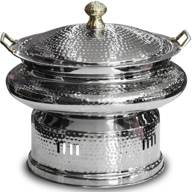 Malabar Hammered Stainless Steel Round 8 Litre Silver Chafing Dish with Lid
