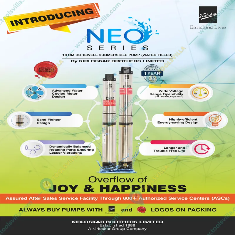 Kirloskar 2 HP 16 Stage 4 inch 1Phase Water Filled Submersible Pump With CP, 407ft Head-1 Year Warranty (NEO 60-2016-CP)