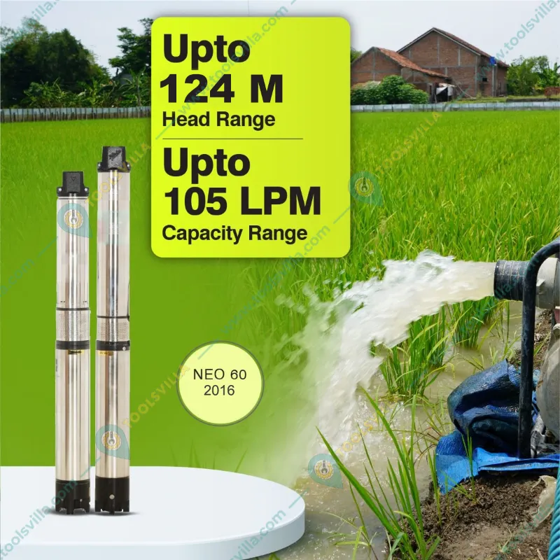 Kirloskar 2 HP 16 Stage 4 inch 1Phase Water Filled Submersible Pump With CP, 407ft Head-1 Year Warranty (NEO 60-2016-CP)