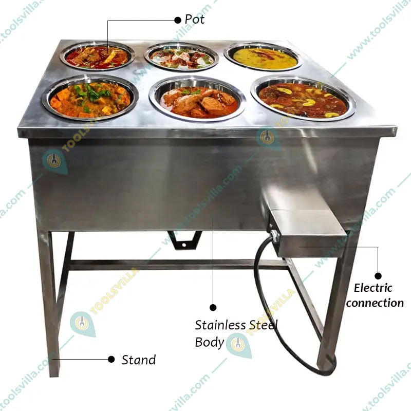 Heavy Duty 6 Pot Electric Bain Marie  For Buffet Purpose 3kW, SS Body, Single Phase