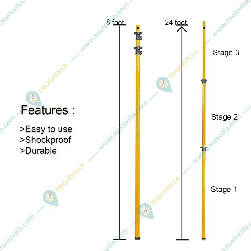 Festel Multipurpose Fiberglass Telescopic Pole of 8 to 22 feet with 3 Attachments