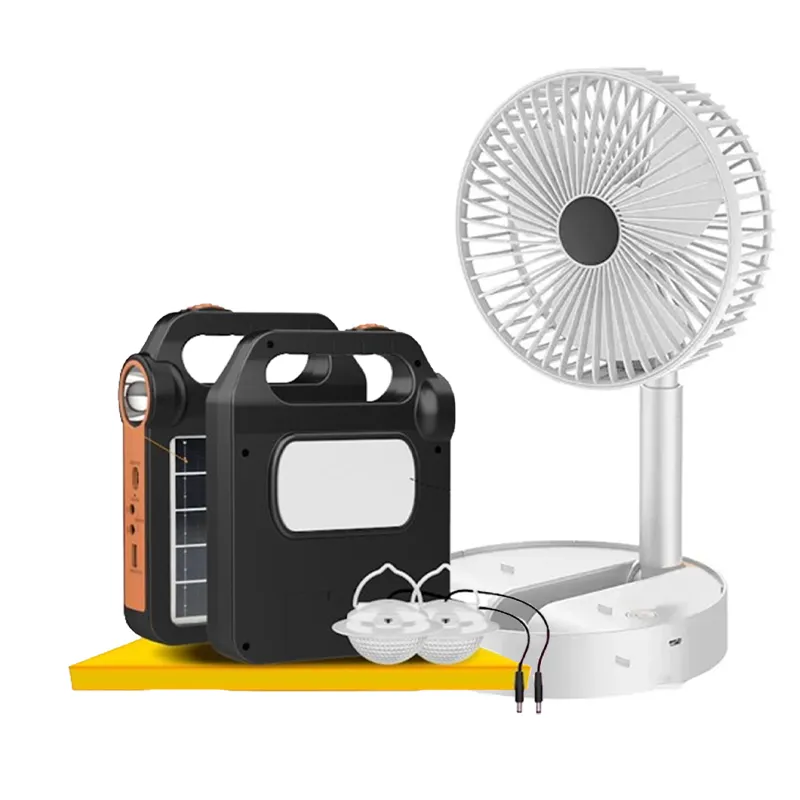 Gramstrong Solar Rechargeable Home Lighting Kit of 3.5W Attached Solar Panel, with 2 Bulb, Foldable Table Fan and Cables