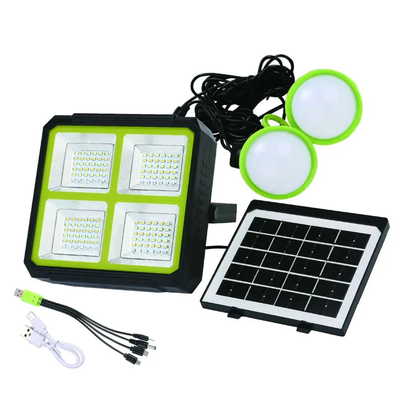 Solar Lighting System and Power Bank, Solar Flood Light with Attachable Solar Panel and 2 Bulb for Home and Outdoor Use