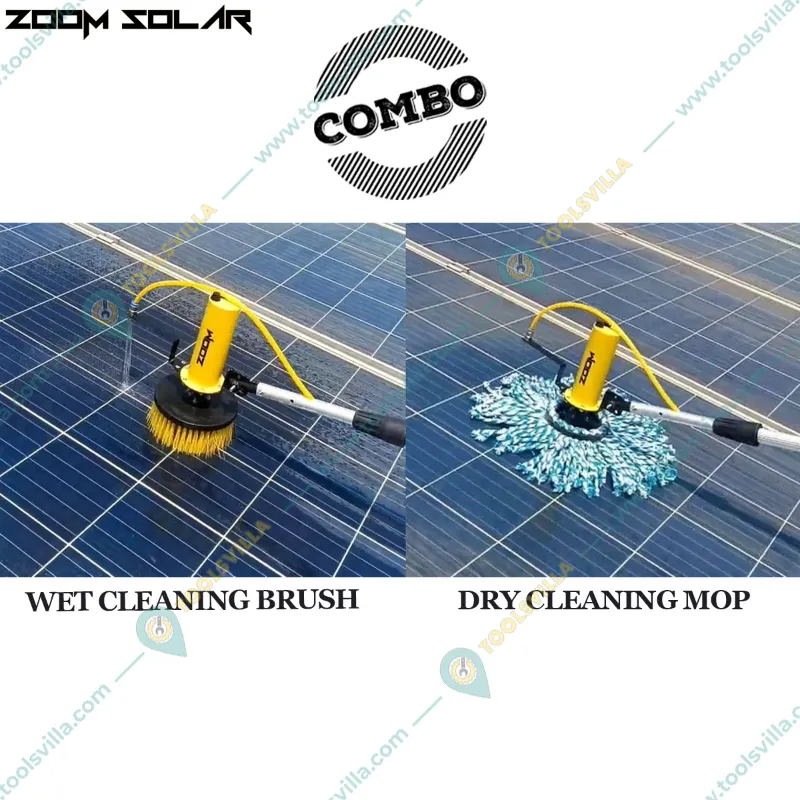 Zoom Solar Panel Cleaning Combo of Battery Operated Dry Cleaning Mop and Wet Cleaning Brush with 3 Meter Telescopic Pole