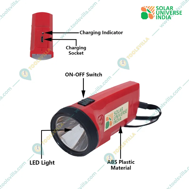 Solar Universe India Rechargeable Solar LED Torch with Inbuilt Li-ON Battery of 2 Light Modes With 2 W Solar Panel Versatile Lighting Solution Designed for Outdoor Use