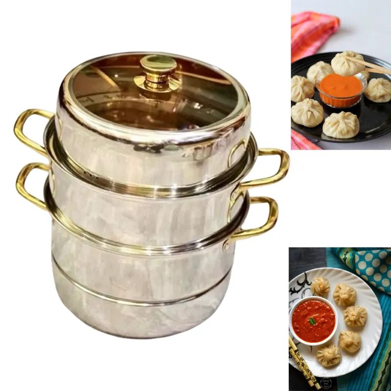 SS 3 Tier Rice Corn Momo Steamer With Wide Gold for Ideal Use In Homes, Hotels, Restaurants, Cafes(Size-30 Cm)
