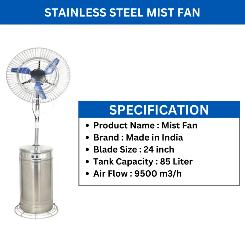 Ryna Heavy Duty 24 inch Stainless Steel Mist Fan with 85L Water Tank