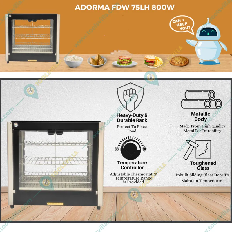 ADORMA FDW 75LH Black Food Display Warmer 75 Litres Capacity 800W, Food Grade Stainless Steel Interior with 1 Year Warranty
