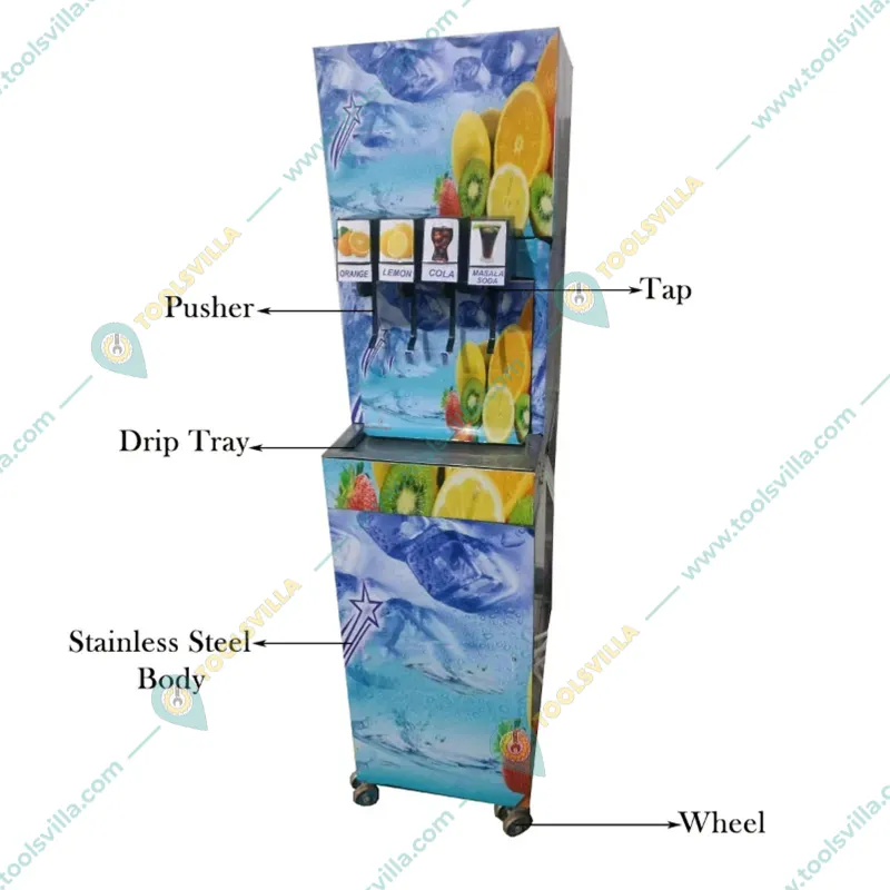 Commercial 4 Flavour Stand Type SS 304 Soda Vending Machine with Cylinder and set of soft drink concentrate mix