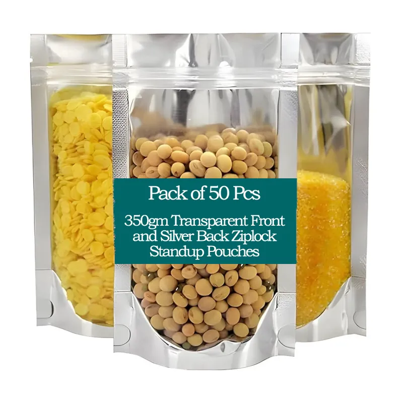 POCHEON 50 Pcs, 350gm Transparent Front and Silver Back Ziplock Standup Pouches for Storing Foods like Nut-Fruit