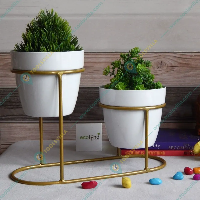 Ecofynd Stylish, Contemporary White Metal Planter Pots with Golden Stand (2 Piece Set)